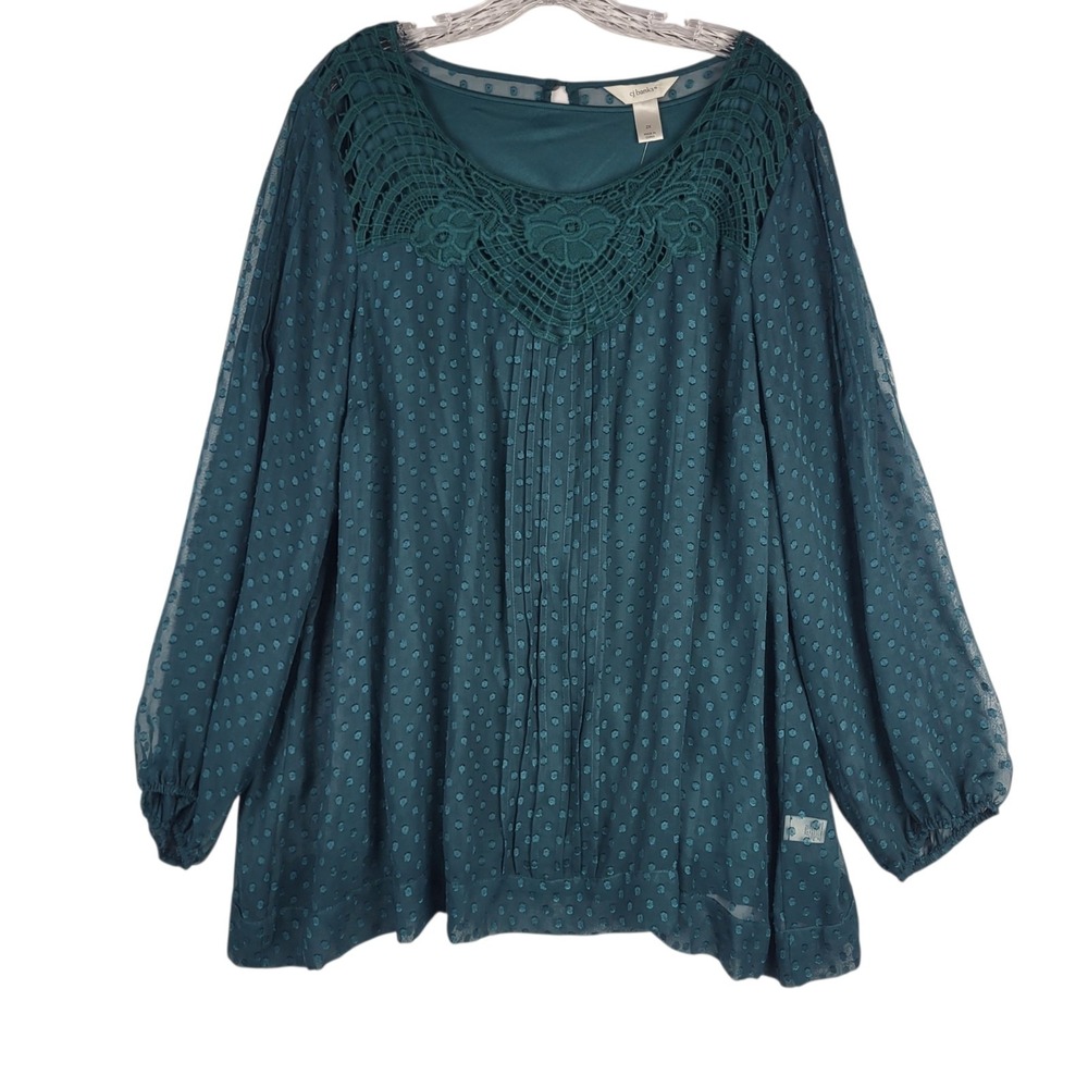 CJ Banks Blouse Women's Plus Size 2X Green Sheer Crochet Swiss Dot Boho NWT‎